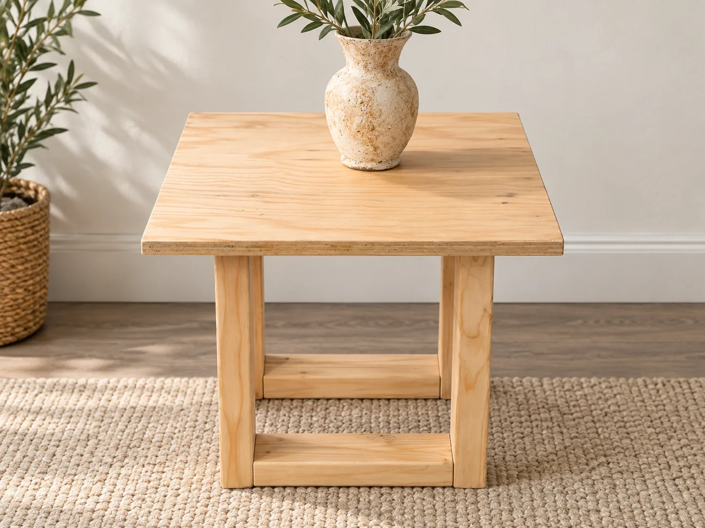 Styled image of light natural wood accent table with an open rectangular base