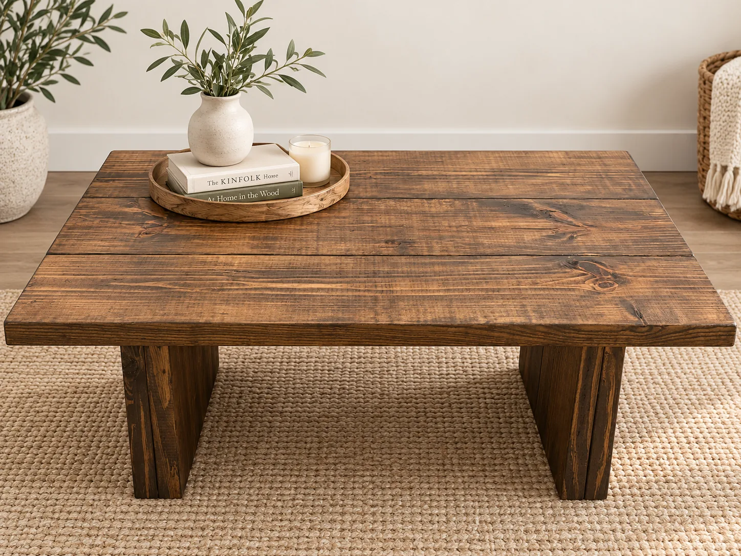 Styled image of dark stained rustic wood coffee table with decorative tray