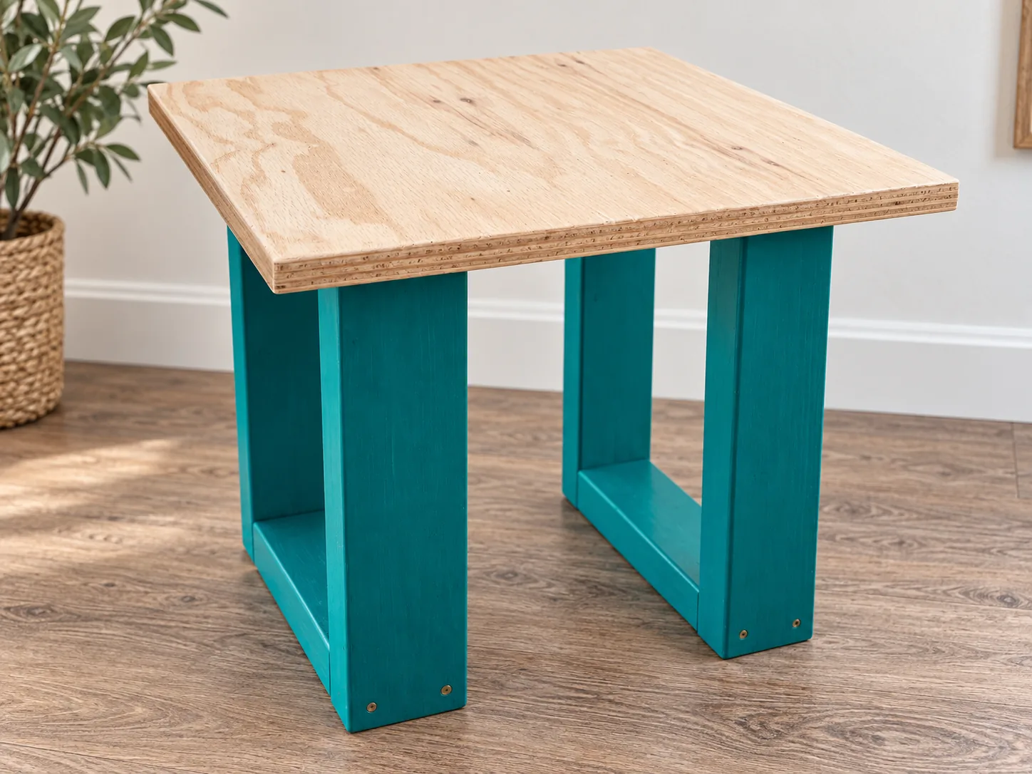 Styled image of teal geometric-leg accent table with natural wood top